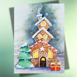 Weihnachtskarte Lebkuchenhaus – Handgemalte Aquarell-Postkarte auf Kraftpapier, winterlich & individuell