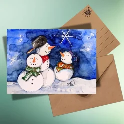 Weihnachtskarte mit drei singenden Schneemännern – fröhliche Postkarte auf Kraftpapier