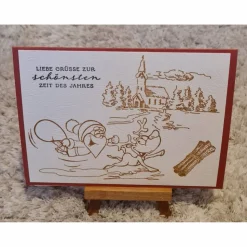 Weihnachtskarte mit Rentier und Weihnachtsmann , Zimtstange , Beige/Braun