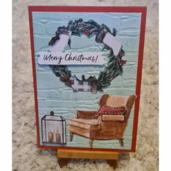 Weihnachtskarte mit Weihnachtskranz , Laterne , Sessel