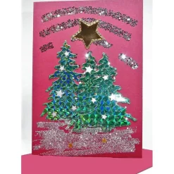 Weihnachtskarte rot mit Tannenbäumen, Stern und Glitzer – Unikat mit Umschlag A6