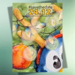 Weihnachtskarte #savethedate – Lustiger Pinguin mit Elchgeweih, DIN A6 Postkarte auf Kraftpapier