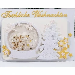 Weihnachtskarte Schüttel-Karte Glitzer weiß gold Schneekugel besonders.aufwändig elegant festlich