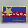 Weihnachtskarte Unikat blau gold rot mit Stern, Stoffband & Hirschen – Kraftpapier A6