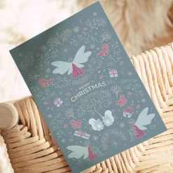 Weihnachtskarte „Winterelfen & Katzenzauber“ – eisblaue, nostalgische Postkarte im viktorianischen Stil - DIN A6