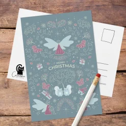 Weihnachtskarte „Winterelfen & Katzenzauber“ – eisblaue, nostalgische Postkarte im viktorianischen Stil - DIN A6