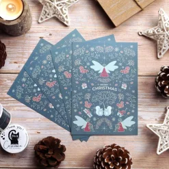 Weihnachtskarte „Winterelfen & Katzenzauber“ – eisblaue, nostalgische Postkarte im viktorianischen Stil - DIN A6