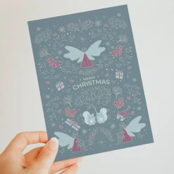 Weihnachtskarte „Winterelfen & Katzenzauber“ – eisblaue, nostalgische Postkarte im viktorianischen Stil - DIN A6