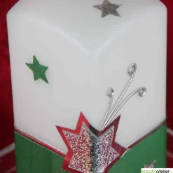 Weihnachtskerze mit Weihnachtsstern und Sternenschweif mit Strass-Steinen grün, weiß, silber, Quaderform
