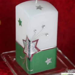 Weihnachtskerze mit Weihnachtsstern und Sternenschweif mit Strass-Steinen grün, weiß, silber, Quaderform