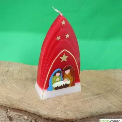 Weihnachtskerze personalisierbar – Kuppelmotiv rot-weiß mit Christkind, Maria und Josef, handgegossen