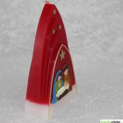 Weihnachtskerze personalisierbar – Kuppelmotiv rot-weiß mit Christkind, Maria und Josef, handgegossen