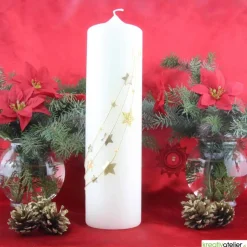 Weihnachtskerze personalisierbar – elfenbeinfarbene Kerze 'Sternenzauber' mit goldenen Sternen