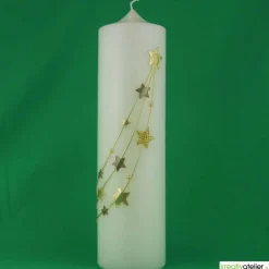 Weihnachtskerze personalisierbar – elfenbeinfarbene Kerze 'Sternenzauber' mit goldenen Sternen