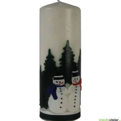 Weihnachtskerze personalisierbar –Winterkerze mit Schneemännern und Tannenwald, perfekt als Deko oder Weihnachtsgeschenk