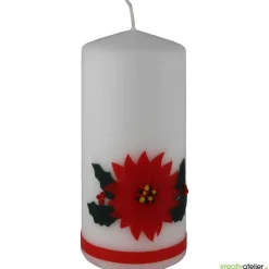 Weihnachtskerze personalisierbar – weiße Kerze mit Weihnachtsstern und Ilex, handverziert, ideal als Weihnachtsgeschenk