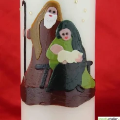 Weihnachtskerze personalisierbar – elfenbeinfarbene Kerze mit Heiliger Familie, riesig, handverziert, 300 mm hoch