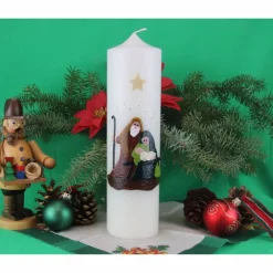 Weihnachtskerze personalisierbar – elfenbeinfarbene Kerze mit Heiliger Familie, riesig, handverziert, 300 mm hoch