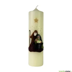 Weihnachtskerze personalisierbar – elfenbeinfarbene Kerze mit Heiliger Familie, riesig, handverziert, 300 mm hoch