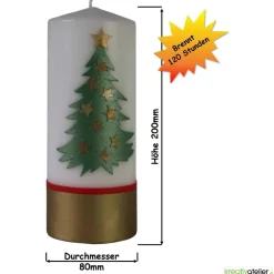 Weihnachtskerze personalisierbar – Kerze mit Tannenbaum und goldenen Sternen, handverziert