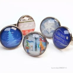 Weihnachtsring Ring verstellbar silberfarben, Glas Cabochon mit Motiv Winter Tannenbaum, Paar im Schnee, Rentier, handma