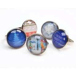 Weihnachtsring Ring verstellbar silberfarben, Glas Cabochon mit Motiv Winter Tannenbaum, Paar im Schnee, Rentier, handma