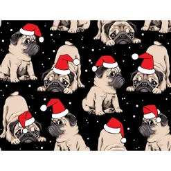 Weihnachtsstoff Mops mit Nikolausmütze – Baumwollstoff schwarz rot weiß, 140cm breit, 100% Baumwolle