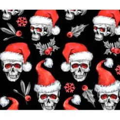 Weihnachtsstoff Totenkopf mit Nikolausmütze – Baumwollstoff Skulls schwarz-rot-weiß, 100% Baumwolle, Öko-Tex