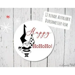 Weihnachtswichtel wünscht Happy Hohoho 12 DIY Papieraufkleber in rot mit schwarz weiß 4cm rund