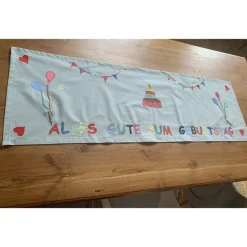 Wertiger Tischläufer *Alles Gute...* für den Geburtstagstisch mit zahlreichen bunten Applikationen, blau-grau, 45x140cm