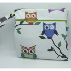 Wetbag, Wachstuch, Eulen, Windeltasche, Nasstasche mit 2 Reißverschlusstaschen für Nass-und Trockenwäsche/Ersatzkleidung