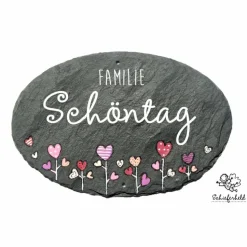 Wetterfestes Schiefertürschild oval – Personalisiertes Haustürschild mit Familiennamen, handgemalt & exklusiv