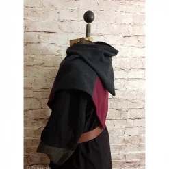 Wikinger Gugel, Skjoldehamn Gugel für Frauen & Männer, Wolle grau + bordeaux, Mittelalter Kapuze, Halloween, Toraxa