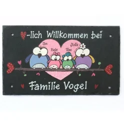 Willkommensschild aus Schiefer für Familien personalisiert mit Namen und Eulen, buntes Schieferschild, dekoratives Haustürschild - exklusives Hochzeitsgeschenk, individuelles Familiengeschenk