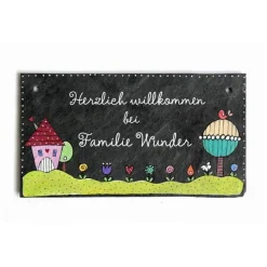 Willkommensschild aus Schiefer für Familien personalisiert mit Name, buntes Haustürschild, dekoratives Schieferschild, einzigartiges Namensschild, persönliches Türschild