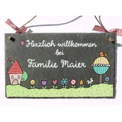 Willkommensschild aus Schiefer für Familien personalisiert mit Name, buntes Haustürschild, dekoratives Schieferschild, einzigartiges Namensschild, persönliches Türschild
