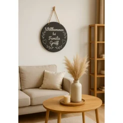 Willkommensschild aus Schiefer – rund 25 cm – personalisiert mit Familienname – Türschild mit Juteschnur – Geschenk zum