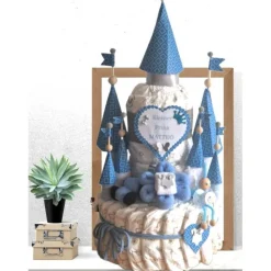 Windeltorte Jungen XXL Windelschloss blau – Geschenk zur Geburt & Taufe