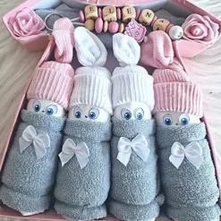 Windeltorte Mädchen rosa personalisiert mit Namen – Geschenkbox & Schnullerpüppchen