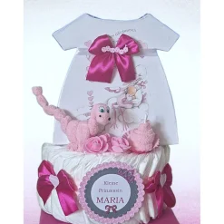Windeltorte Mädchen rosa personalisiert mit Namen – Geschenkbox & Schnullerpüppchen