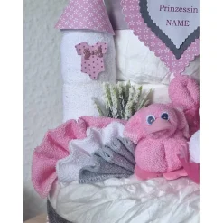 Windeltorte Rosa Mädchen – Personalisiertes Windelschloss mit Namen als Geschenk
