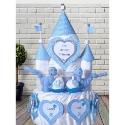 Windeltorte Windelschloss blau Jungen  Zwillinge personalisiert mit Namen