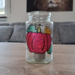 Windlicht aus Altglas. 2er Set. Handbemalt im herbstlichen Design passend für die Herbst- und Halloween Dekoration