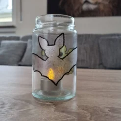 Windlicht aus Altglas. 2er Set. Handbemalt im herbstlichen Design passend für die Herbst- und Halloween Dekoration