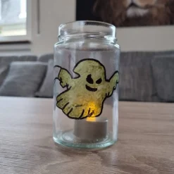 Windlicht aus Altglas. 2er Set. Handbemalt im herbstlichen Design passend für die Herbst- und Halloween Dekoration