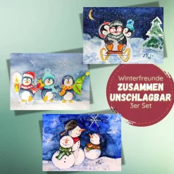 Winterfreunde Postkarten-Set: 3 handgemalte Aquarellmotive mit Pinguinen & Schneemännern