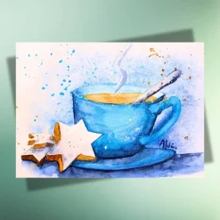 Winterkarte mit Heißgetränk & Zimtsternen auf Kraftpapier – Weihnachtsgruß handillustriert