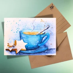 Winterkarte mit Heißgetränk & Zimtsternen auf Kraftpapier – Weihnachtsgruß handillustriert