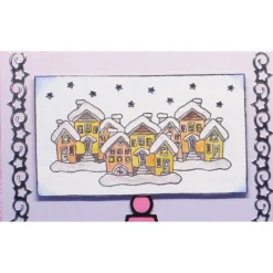 Winterkarte mit Mandala Kugel & verschneitem Dorf – Handgemachte Weihnachtskarte in Rosa