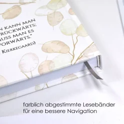 Wochenkalender & Terminplaner 2026 A5 Hardcover mit vielen Extras personalisiert botanisch mit Silberblatt in Beige